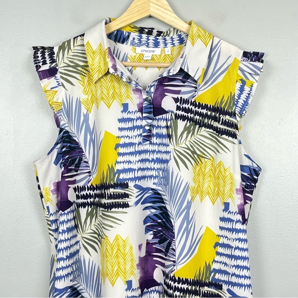 Chico’s blue & yellow ruffle cap sleeve performance material dress, large. - Picture 3 of 8